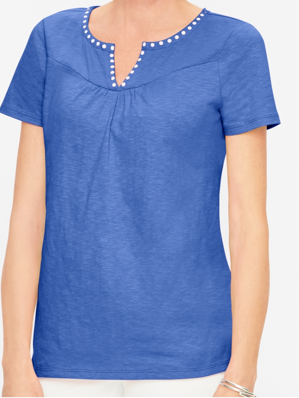 Talbots Cobalt Blue Short Sleeve Top Embroidered Polka Dot NecklineCotton XLP